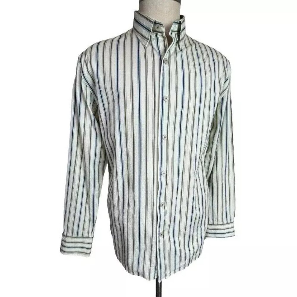 Tommy Bahama Shirt Men L Lazlo Lux Silk Blend Button Front Stripe Long Sleeve